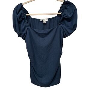And Now This Women's Teal Blue Ruched Square Neck Puff Sleeve Top, size S NWOT